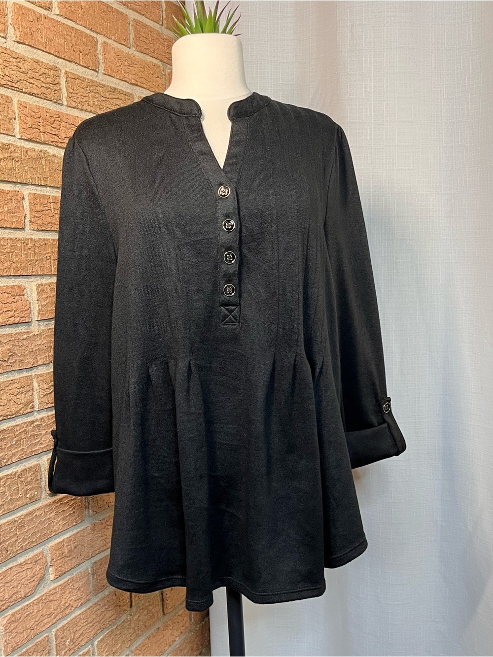 Kim Rogers Black Button-Placket Peplum Tunic Top 3/4 Roll Sleeves Size Large